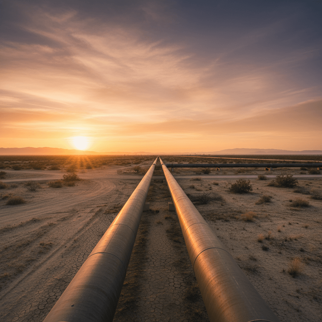 Pipeline route stretching across open terrain at sunset