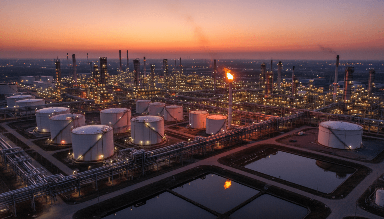 Aerial view of oil refinery at dusk