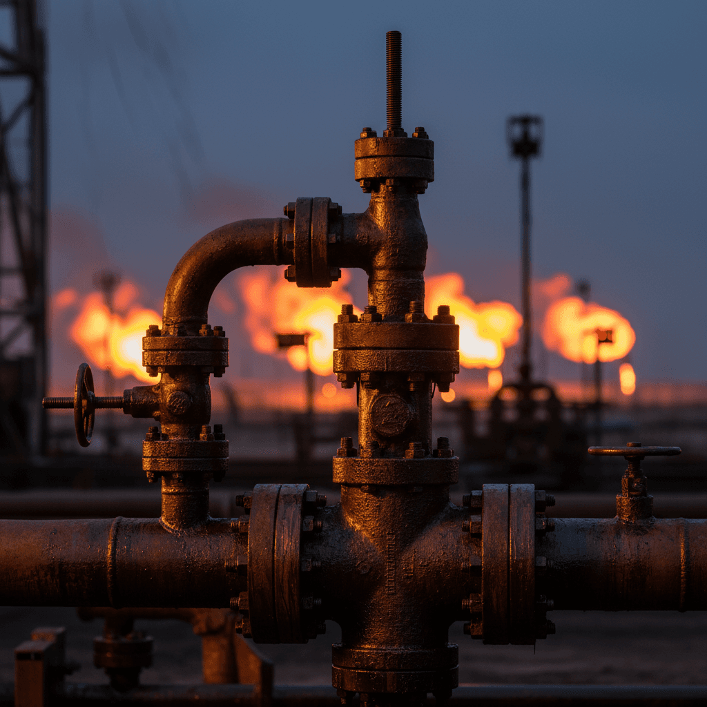 Detail of oil drilling machinery at dusk with industrial glow