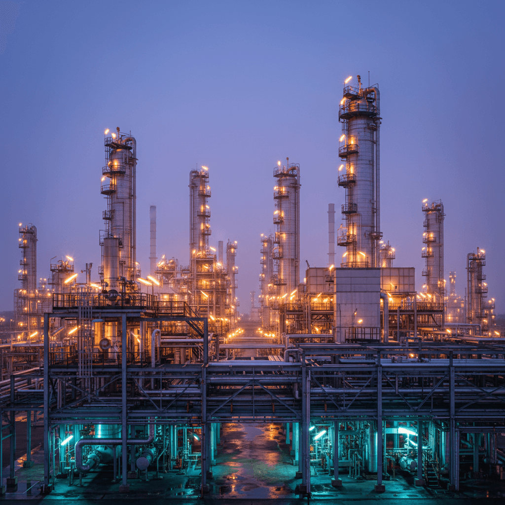 Refinery structure illuminated at twilight with steel pipes and towers
