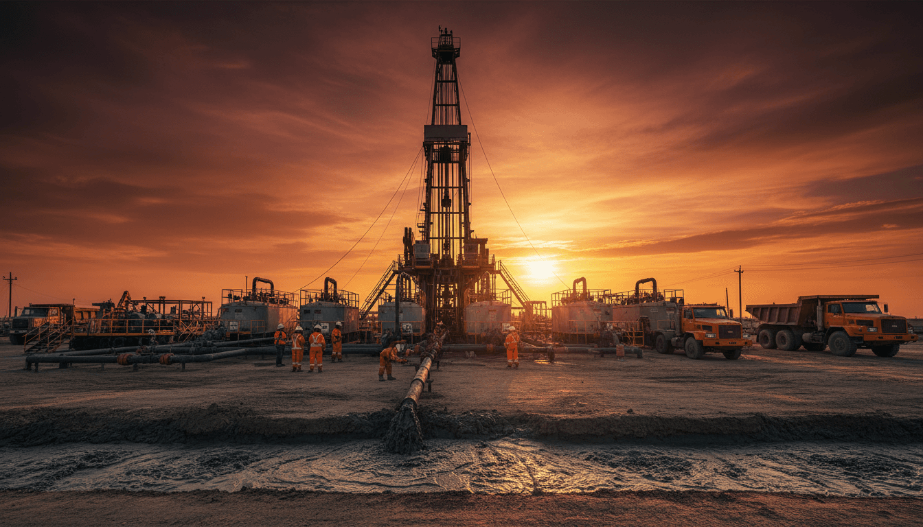 Active oil drilling rig at sunset with workers managing drilling mud systems and extraction equipment